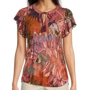 Democracy Flutter Short Sleeve Tropical Leaf Print V-Neck Tie Top Womens 2X Fall